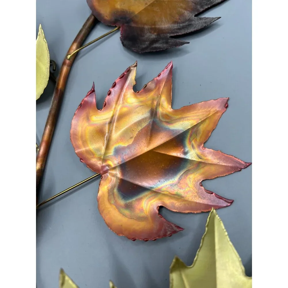 MCM Brass Copper Tone Metal Maple Leaf Sculpture Patina VTG Brutalist Wall Art L